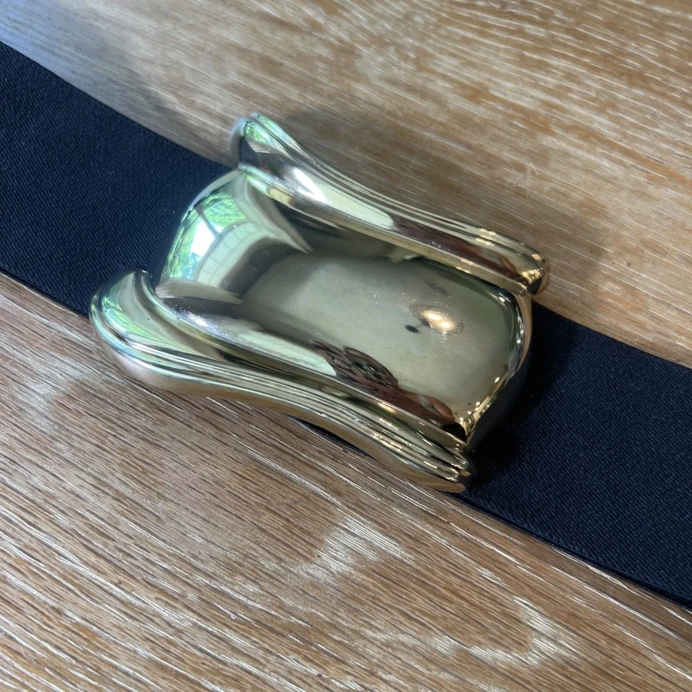 Vtg Black Elastic Cinch Belt Wide Statement Gold-tone Buckle 1980's Small
